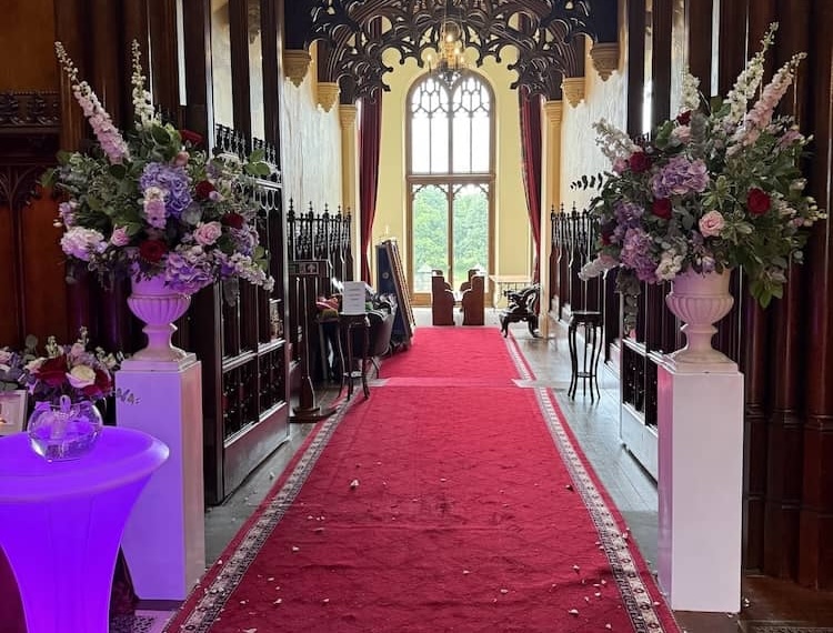 Allerton Castle floral walkway during wedding reception